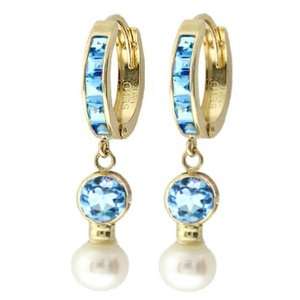    14k Solid Gold Blue Topaz Huggie Earrings with Pearls Jewelry