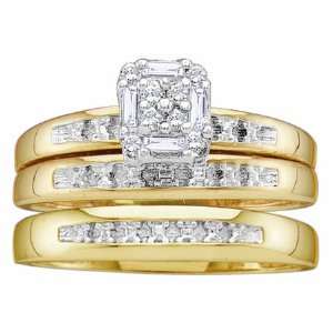 Mens Ladies 10K Yellow Gold .1CT Round Baguette Cut Diamond Wedding 