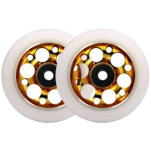 PRO DRILLED Metal Core Scooter Wheels 100mm GOLD/WHITE Heavy Duty 
