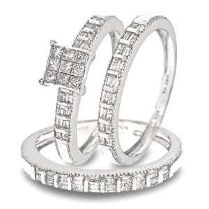  1 Carat T.W. Princess, Baguette Cut Diamond Matching Ring Set 