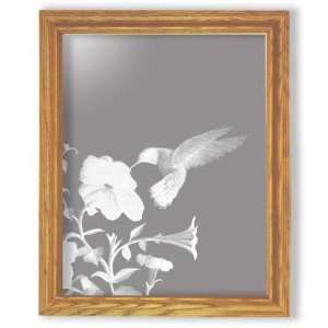  Hummingbird Wall Decor   Etched Mirror in Solid Oak Frame 