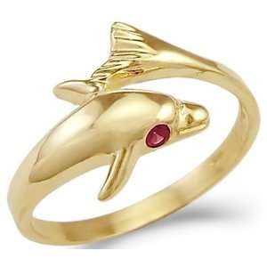   New Solid 14k Yellow Gold Dolphin Ruby Eye Ladies Ring Jewelry