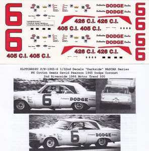Pearson 1965 Dodge Coronet 1/32nd Scale Slot Car Waterslide Decals 