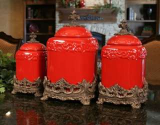 TUSCAN OLD WORLD DRAKE DESIGN LARGE RED KITCHEN CANISTERS SET OF 3