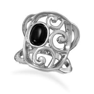  Rhodium Plated Black Agate Fashion Ring Jewelry