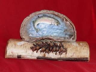 SIGNED ARTIST TREE CONK ON BIRCH LOG OF BROOK TROUT  