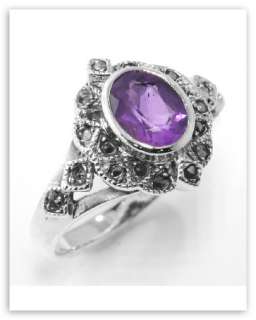 Lovely 1 Carat Amethyst and Marcasite Ring   Sterling Silver Size 6 