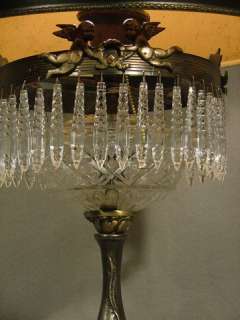 Vintage Bronze n Crystal Table Lamp w Crystal Prisms Cherub Accents 