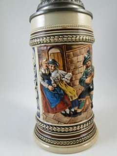 Antique German Beer Stein Violin Devil Cherub Pewter Lid Tankard Mug 