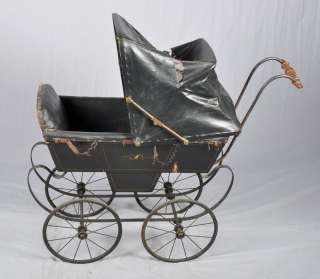Antique toy Black Leather Baby Pram Carriage Early 1900s  