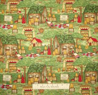 This cotton fabric is a novelty print with bee keepers, hives, honey 