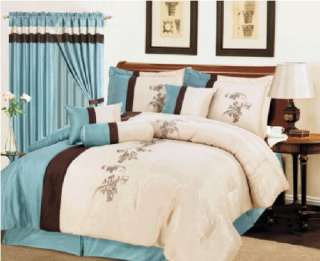 7pcs Light Blue, Beige, Brown Floral Comforter Set Bed in a bag, Queen 