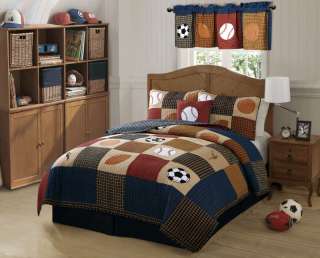 CLASSIC SPORTS 2pc Twin Plaid Denim Quilt Set Football Varsity Hockey 