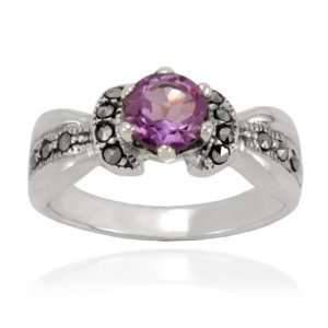   Silver Marcasite and Faceted Amethyst Band Ring, Size 7 Jewelry