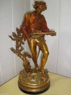 ANTIQUE FRENCH SCULPTURE BANJO PLAYER PAINTED SPELTER  