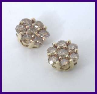 Pair 10k Round Champagne Diamond Cluster Earrings .85ct  