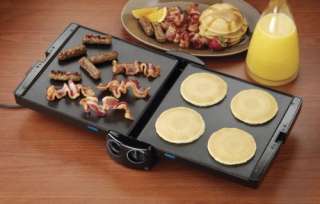 This nonstick griddle features two 10 x 10 cooking surfaces that 