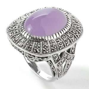  Sterling Silver Purple Jade & Marcasite Ring Jewelry