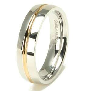  Gold Trim Stainless Steel Mens Wedding Dome Band Ring 6mm 