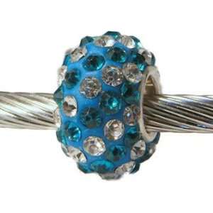 Aqua and White with Swarovski Crystals Charm Bead Sterling Silver Core 