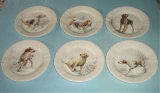Gien Sologne Dessert Plates Hunting Dogs Set of 6 Boxed  