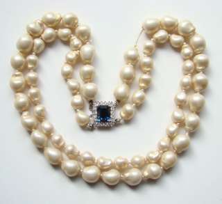 Vintage Double Strand Faux Baroque Pearl Necklace Rhinestone Clasp 
