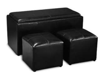 Faux Leather Storage Bench Coffee Table with 2 Side Ottomans, Black or 