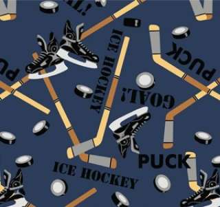 Hockey Pucks & Sticks Fleece Fabric By the Yard   Blue  