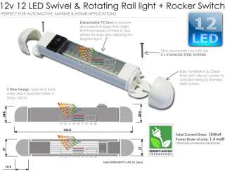 12V SWIVEL ROTATING 12 LED RAIL CABIN LIGHT CAR/BOAT  