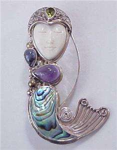   Silver Goddess Face Gemstone MERMAID Abalone MOP Brooch Pendant  