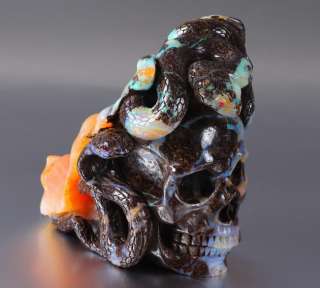 Matrix Opal Carved Crystal Skull, Gemstone, Strong Fire, Black Onyx 