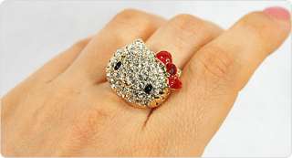 Cute Hello Kitty Gold Adjustable Ring RED BOW with Lovely Swarovski 