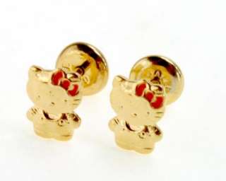 Gold 18k GF Hello Kitty Earrings High Security Childs Girl Birth Gift 