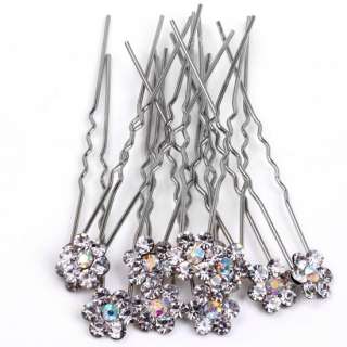 10x Silver Tone Flower Hair Pin Clips AB Crystal Bridal  