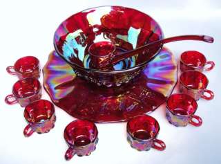 Red Carnival Glass Grape and Vine Punch Bowl Set 8 Cups  