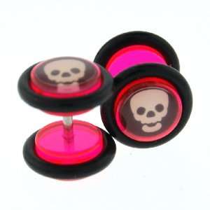 Fake Acrylic Plugs   Hot Pink with Skulls 16g Wire; 8mm   Sold as a 