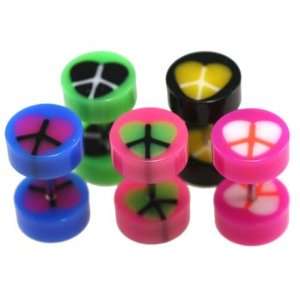 Pink Acrylic Fake Plugs with Green and Black Heart Peace Design   16G 