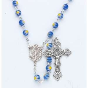 6mm Bead Blue Yellow Flower Glass Bead Rosary Rosaries with Sterling 