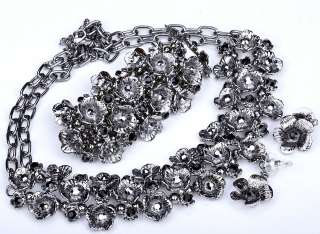 Black gray crystal flower stretch bracelet necklace earing set  