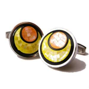  Two Orange Suns Mosaic Mother of Pearl and Onyx Cufflinks 