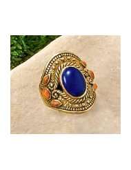 Bronze Ornate Ring, 9x12mm Lapis Lazuli/Coral, 1 1/8 inch wide