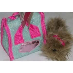 Pucci Pups Mini Brown Stuffed Puppy Dog Sparkle Blue Carrier with Pink 