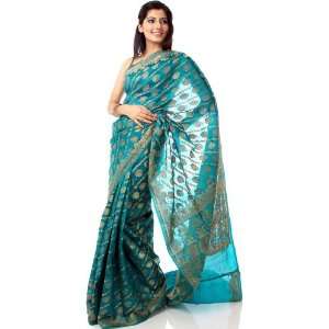  Turquoise Banarasi Sari with Woven Paisleys All Over 
