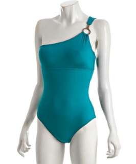 by Allen Schwartz teal nylon ring detail one shoulder swimsuit 