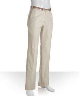 Brioni khaki cotton twill flat front striped waist pants