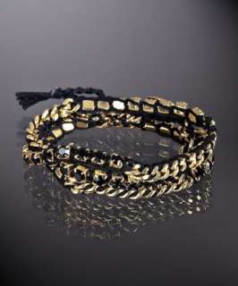Chan Luu gold and black crystal cotton triple wrap bracelet   