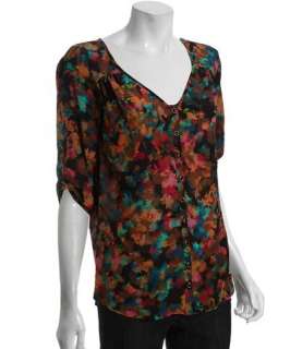 Shoshanna rust multicolor silk v neck button front blouse