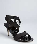 Fendi black patent and fabric wide strap sandals style# 319415101