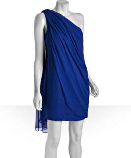 Notte by Marchesa cobalt chiffon draped pleated one shoulder dress