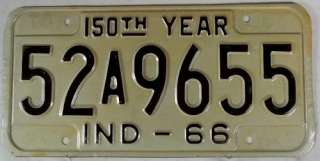 1966 Indiana 52 A 9655 License Plate 150th Year  